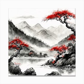 Chinese Landscape Mountains Ink Painting (63) Canvas Print