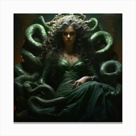 In A Painterly Tableau Medusa Reclines On A Throne Of Snakes Her Alabaster Skin And Emerald Eyes Canvas Print