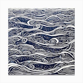 Waves In Blue And White Linocut Canvas Print
