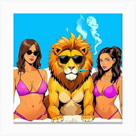 Three Women In Bikinis With A Lion Canvas Print