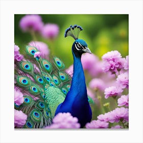 A Peacock Is Standing In A Field Of Purple Flowers With Its Long Tail Spread Out Behind It Creating(2) Canvas Print