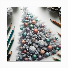 A Pencil Drawing Of A White Christmas Tree With Different Colorful Ornaments Decorated With 2 Canvas Print