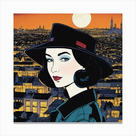 Woman In A Hat , A Woman in the Cityscape, Adorned in Hat and Black Makeup, Capturing the Radiance of Night in Shiny Glossy Wall Art Canvas Print