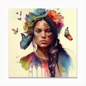 Watercolor Floral Indian Native Woman #11 Canvas Print