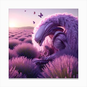 Alien In A Lavender Field By Sunset Canvas Print