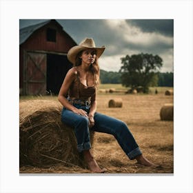 Cowgirl Sitting On Hay Bales Canvas Print