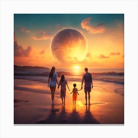 Family On The Beach At Sunset Canvas Print