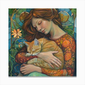 Woman with her Beloved Cat in Style of Art Nouveau 6 Canvas Print