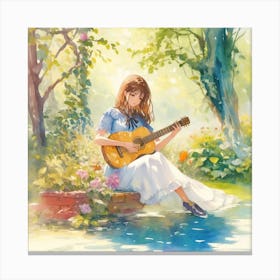 Beautiful Woman Playing Guitar In The Garde 1 Canvas Print