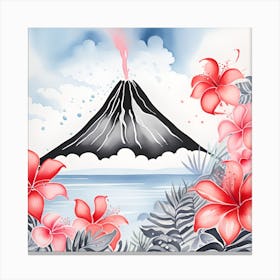 Hawaiian Flowers and Volcano Monochromatic Watercolor Canvas Print