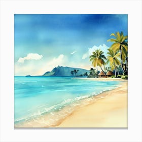 Watercolor Tropical Beach With Palm Trees, Bora Bora 2 Canvas Print