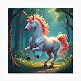 A Mythical Unicorn With A Mane Of Shimmering, Rainbow Colored Waves Galloping Through An Enchanted Forest 1 Canvas Print