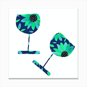 Floral Blue Green Wine Glasses Pair Canvas Print