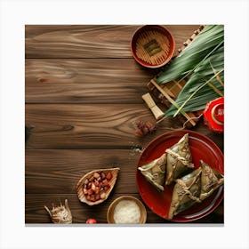 Dragon Boat Festival Wooden Table From Above 3 4 Canvas Print