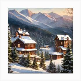 View of Mountain Houses In Winter Canvas Print