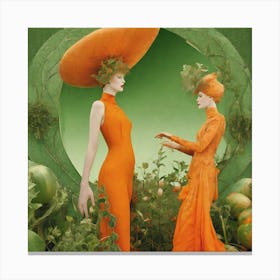 Two Women In Orange Dresses Canvas Print