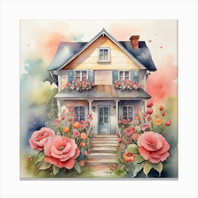 Watercolor House With Flowers Art Print 1 Canvas Print