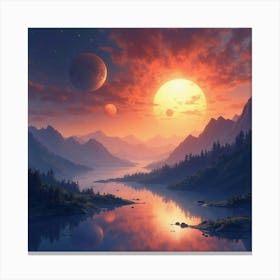 Watercolor Distant Planets Reflecting The Light Of Multiple Glowing Suns 1 Canvas Print