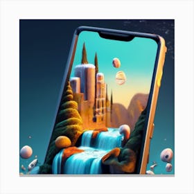 A smartphone whose screen displays a miniature view of a waterfall. 2 Canvas Print