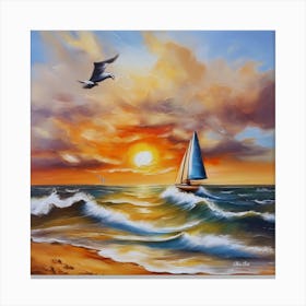 Oil painting design on canvas. Sandy beach rocks. Waves. Sailboat. Seagulls. The sun before sunset.19 Canvas Print