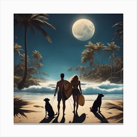 Woman And Man, Dogs Full Moon, Sandy Parking Lot, Surfboards, Palm Trees, Beach, Whitewater, Surfers Canvas Print