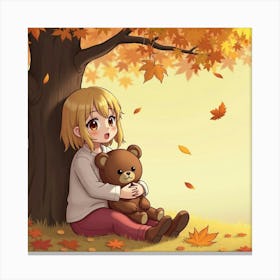 A Young Girl With A Teddy Bear, Sitting Under A Tree, With Autumn Leaves Falling Around Her Canvas Print