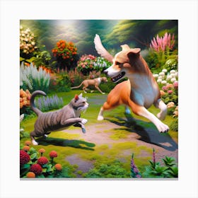 Cat And Dog In The Garden Canvas Print