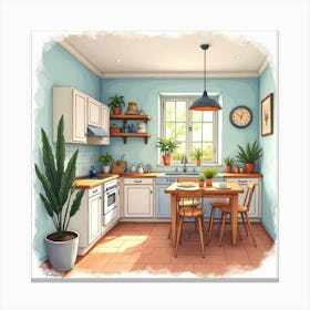 Inviting Kitchen In Watercolor, Stylish, Vibrant Setting 1 Canvas Print