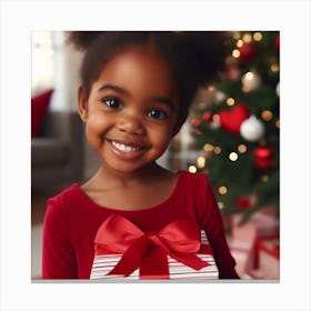 Little Girl Holding Christmas Present Canvas Print