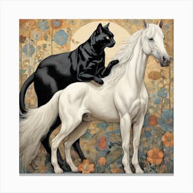 Black Cat And White Horse Canvas Print