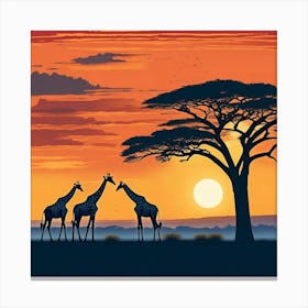 Giraffes Silhouetted Against An African Sunset Canvas Print