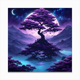 Moonlit Landscape: Tranquil Tree and Mountain Scene Canvas Print