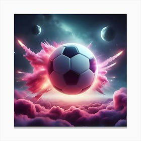 A Photo Realistic Soccer Ball As A Planet In Space With Pink Smoke And Explosions, With 2 Moons In The Background, Digital Art 2 Canvas Print