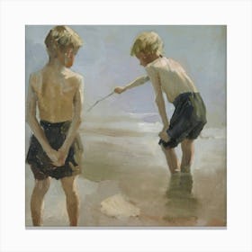 Two Boys Playing In The Sand Canvas Print