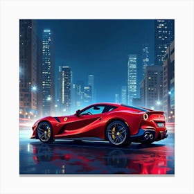 Ferrari F12tdf With A Bright Watercolor Cityscape At Night, No Logo Or Signature 1 Canvas Print