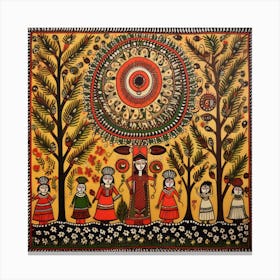 Madhubani Painting Indian Traditional Style Oil On Canvas, Brown Color Canvas Print