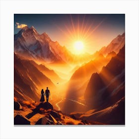 Couple Standing On Top Of Mountain Canvas Print
