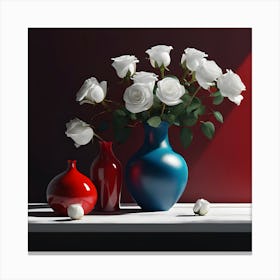 Still Life with Sea Green Vase, Red Bottle and White Roses Canvas Print