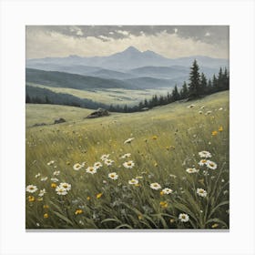 vintage oil painting of wild flowers in a meadow, mountains in the background 2 Canvas Print