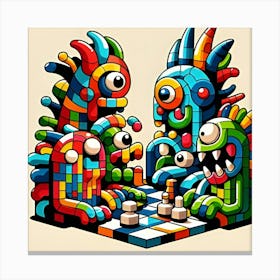 Brightly Colored And Low Resolution Cubism Monsters Playing Chess 1 Canvas Print