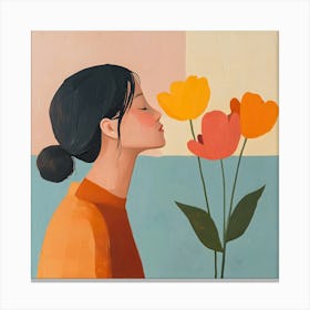 Minimalist Portrait Of Woman With Tulips Canvas Print