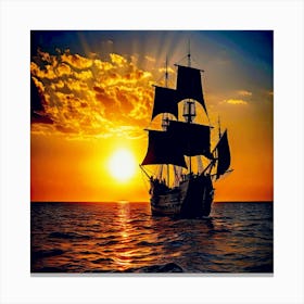 Pirate Ship At Sunset,Black pirate ship sails into the sunrise with the sun peeking over the horizon Canvas Print