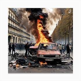 Car On Fire In Paris Canvas Print