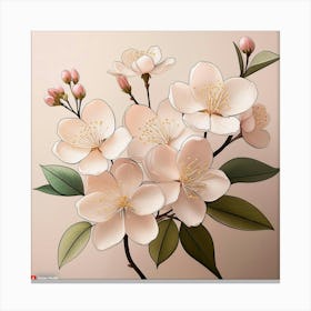 Firefly Soft Cherry Blossoms With Minimal Black Outlines On A Beige Background, With Subtle Leaves I (2) Canvas Print