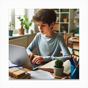 Boy Using Laptop At Home Canvas Print