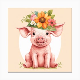 Floral Baby Pig Nursery Illustration (1) Canvas Print