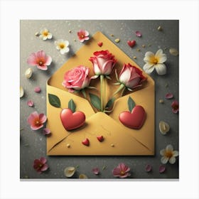 An open red and yellow letter envelope with flowers inside and little hearts outside 18 Canvas Print