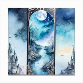 Medival Watercolor Painting With A Portal Leading To Another Place With A River At Full Moon Canvas Print
