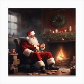 Santa Claus Sitting In Front Of Fireplace 1 Canvas Print