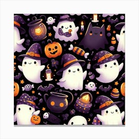 Halloween Cute Ghosts On Black Pattern Canvas Print